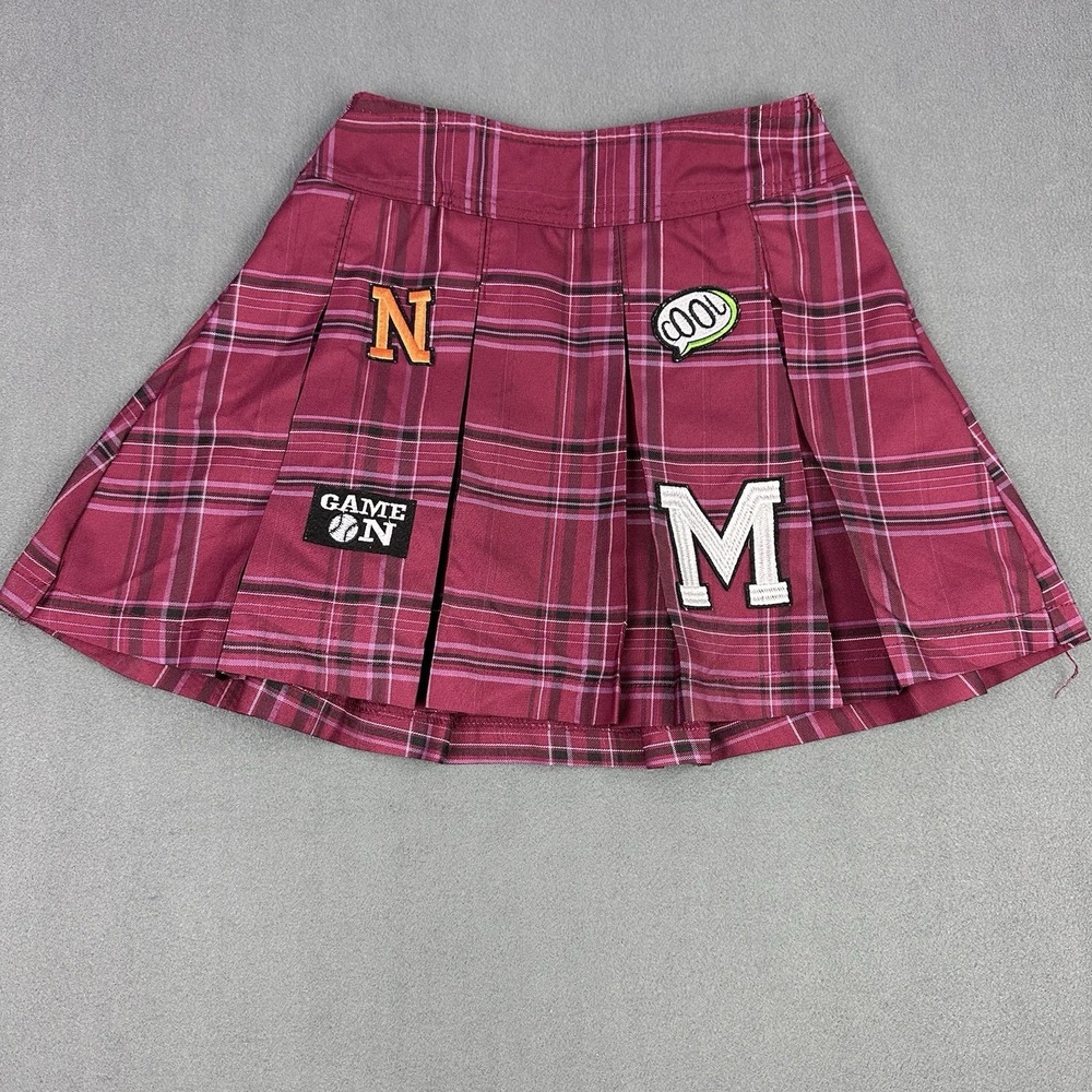 Girls Plaid Pleated Mini Skirt Size S 3-5 Burgundy School Uniform Patches